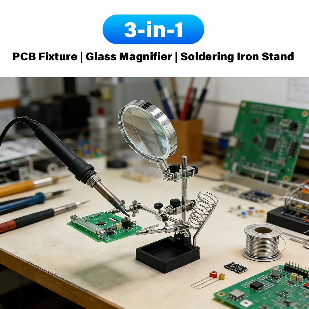 3in1 Helping Hand Soldering Stand with 5X Magnifying Glass Alligator Clips Soldering Iron Holder for PCB Watch Electronic Repair