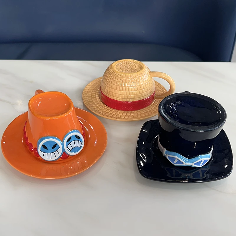 Anime One Piece Cosplay Mug Water Cup Creative Three Brothers Hat Shaped Coffee Cup Luffy Ace Sabo Cup Ceramic Christmas Gift