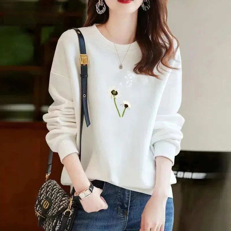 Spring Autumn Round Neck Women\'s Clothing Lantern Long Sleeve Pullover Plant&Flowers Printing Casual Korean Fashion Tops