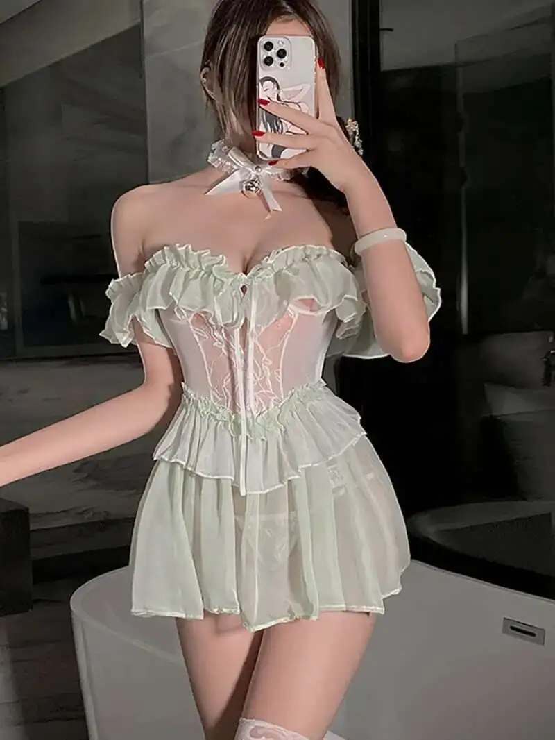 Low Collar Sexy Off Shoulder Lace Up Backless Chiffon Dress Women Mesh Sheer Cinching Waist Slim A-line Short Sweet Dress 1V55