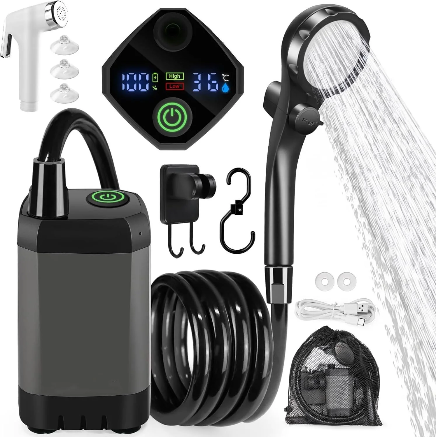 Chuveiro portátil para acampamento, chuveiro de acampamento recarregável de 6000mAh com cabeça inteligente com display LED bomba de chuveiro elétrica