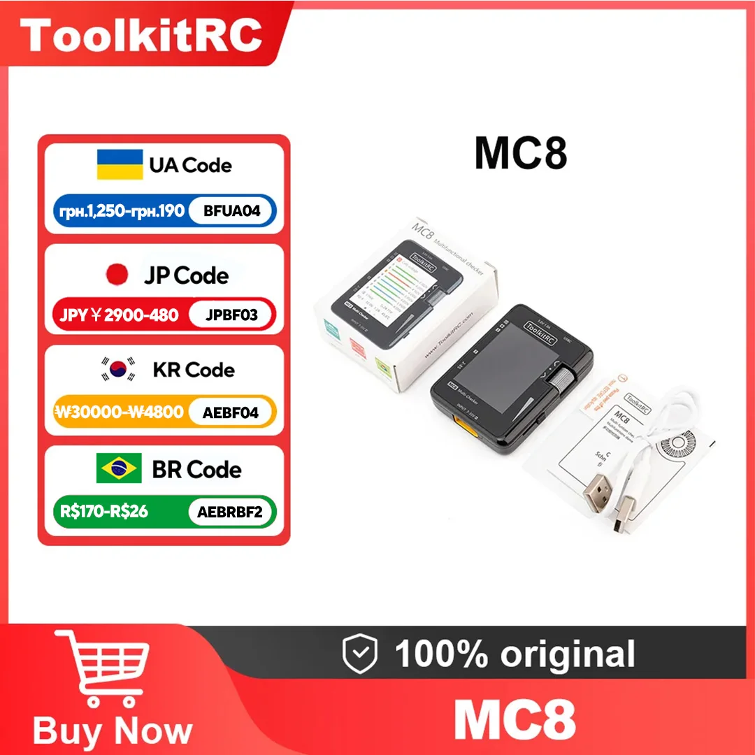 

ToolkitRC MC8 LCD Cell checker 32 Bit Battery Multi-Checker PWM Output With USB-C Fast Charging for lipos ESC Tester Tool