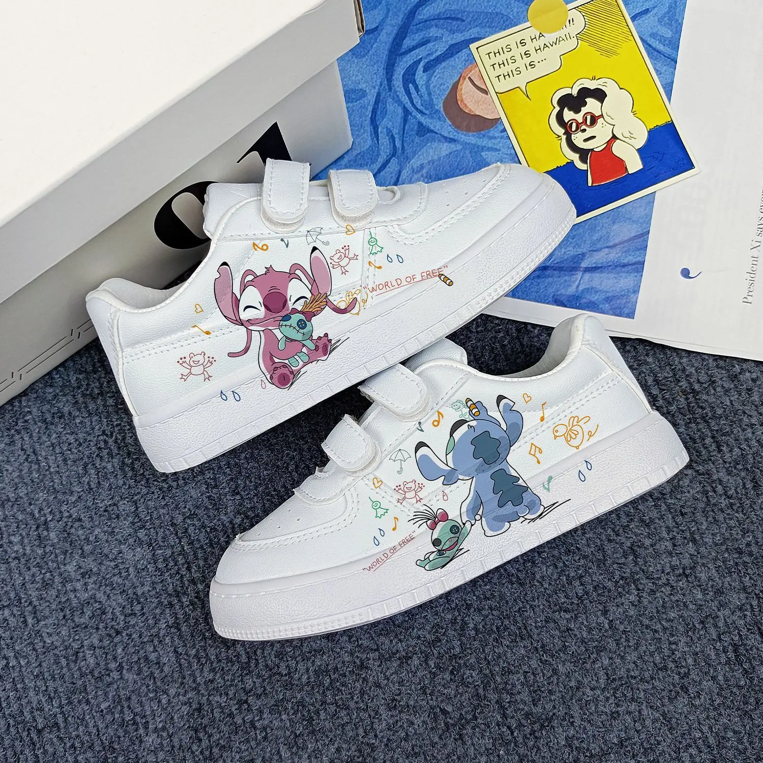 Cartoon Disney Stitch Children Sneakers For Girls Boys Print High Top Sport Shoes Flat Kids Tennis Shoes White Casual Sheos