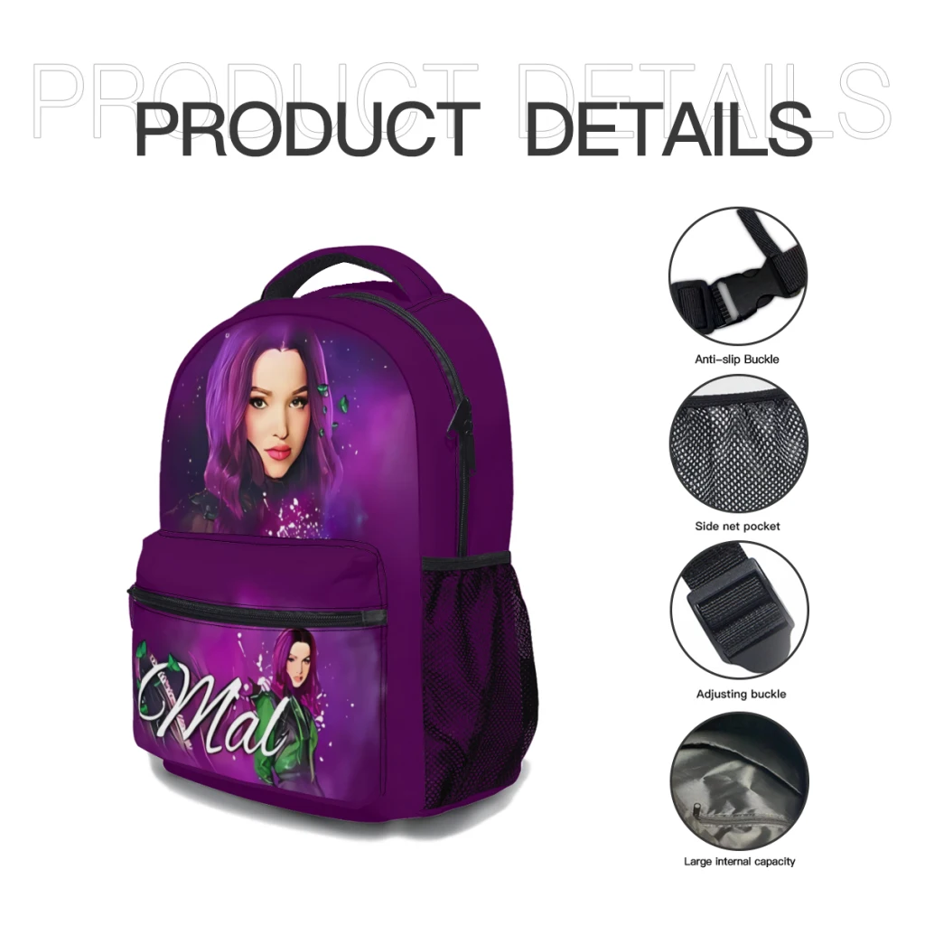 Princesa-Descendentes 3 Padrão School Bag, Moda Mochila Impressão, Mal Rosa Roxo, Novo, 17"