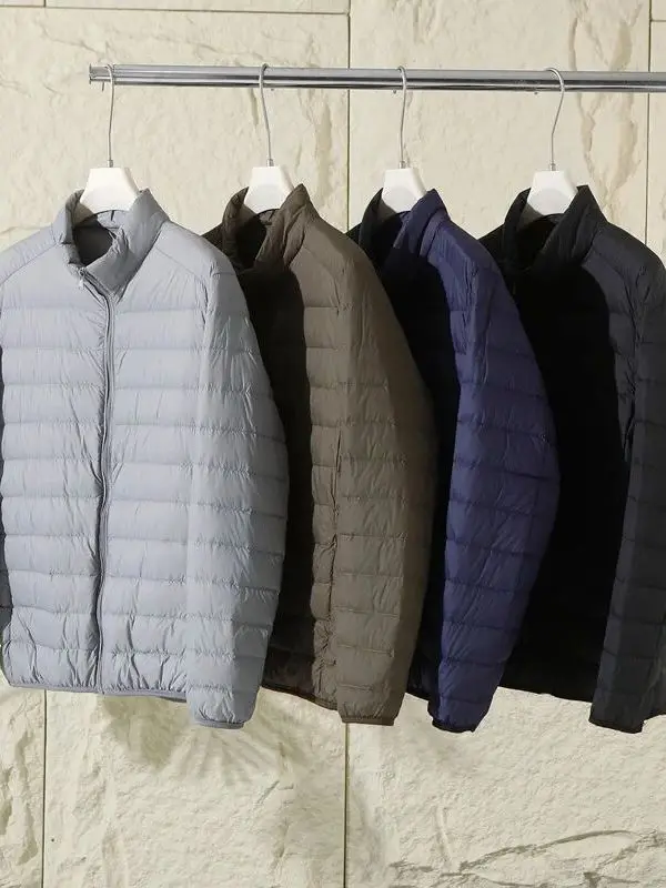 

Мужская повседневная легкая пуховая куртка 90% белый пух, воротник-стойка, ультралегкая, теплая, спортивная, из нейлоновой ткани, на молнии