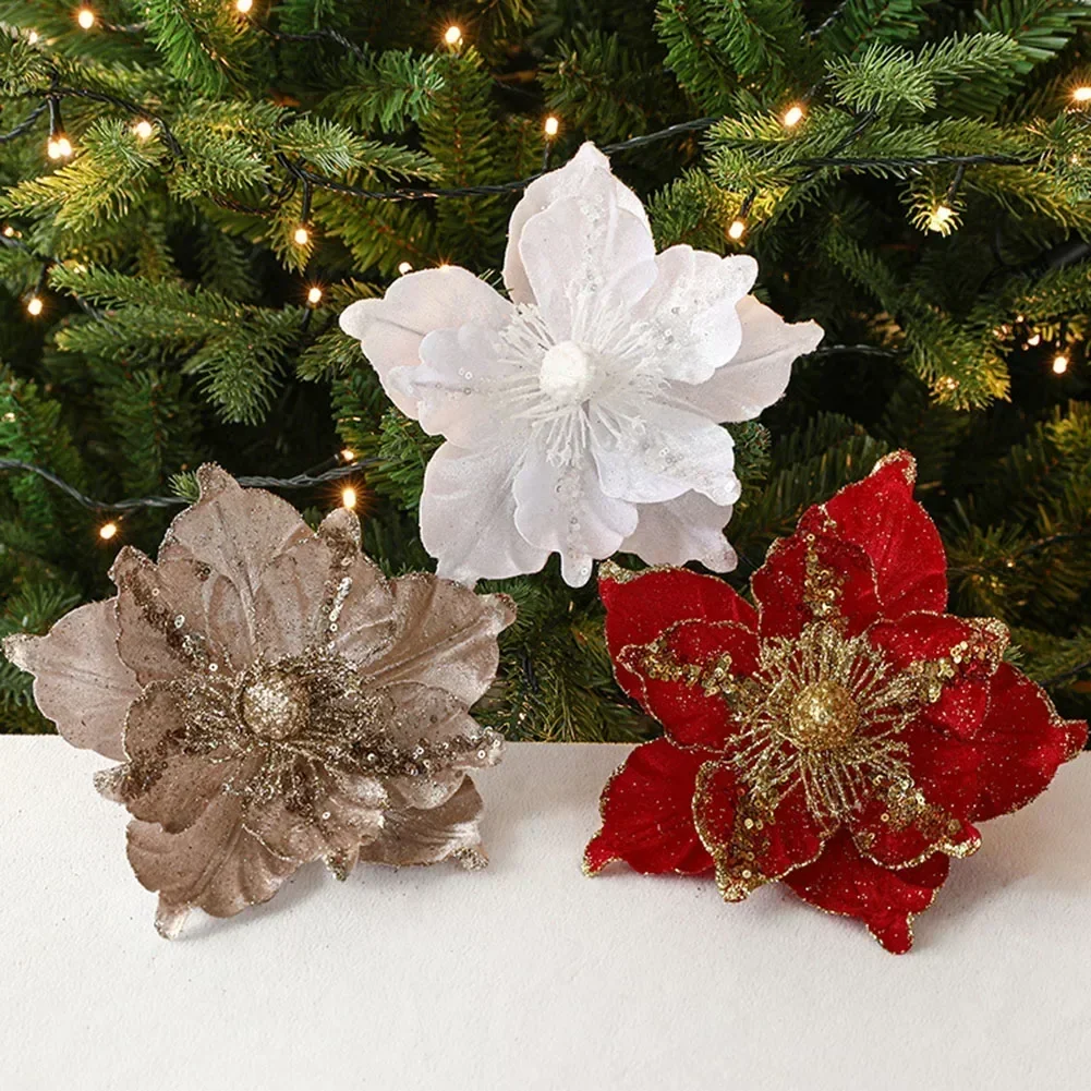 1pcs 22cm Glitter Artifical Christmas Flowers Mreey Christmas Tree Decoration Happy New Year Ornaments Xmas Fake Flowers Natal