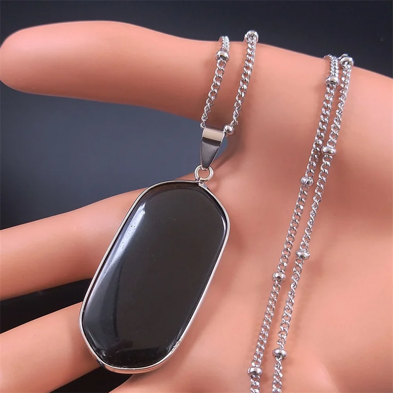 Schwarz Obsidian Geometrische Glück Anhänger Halskette Frauen Boho Naturstein Edelstahl Silber Farbe Halsketten Schmuck NA145S04 – Detail 7