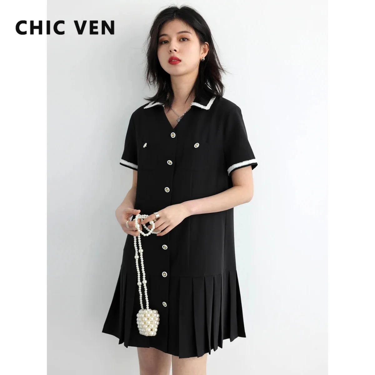 

CHIC VEN Women Dresses New Retro Contrast Color Dress for Woman Short Sleeve V Neck A Line Black Fashion Clothing 2023 Summer