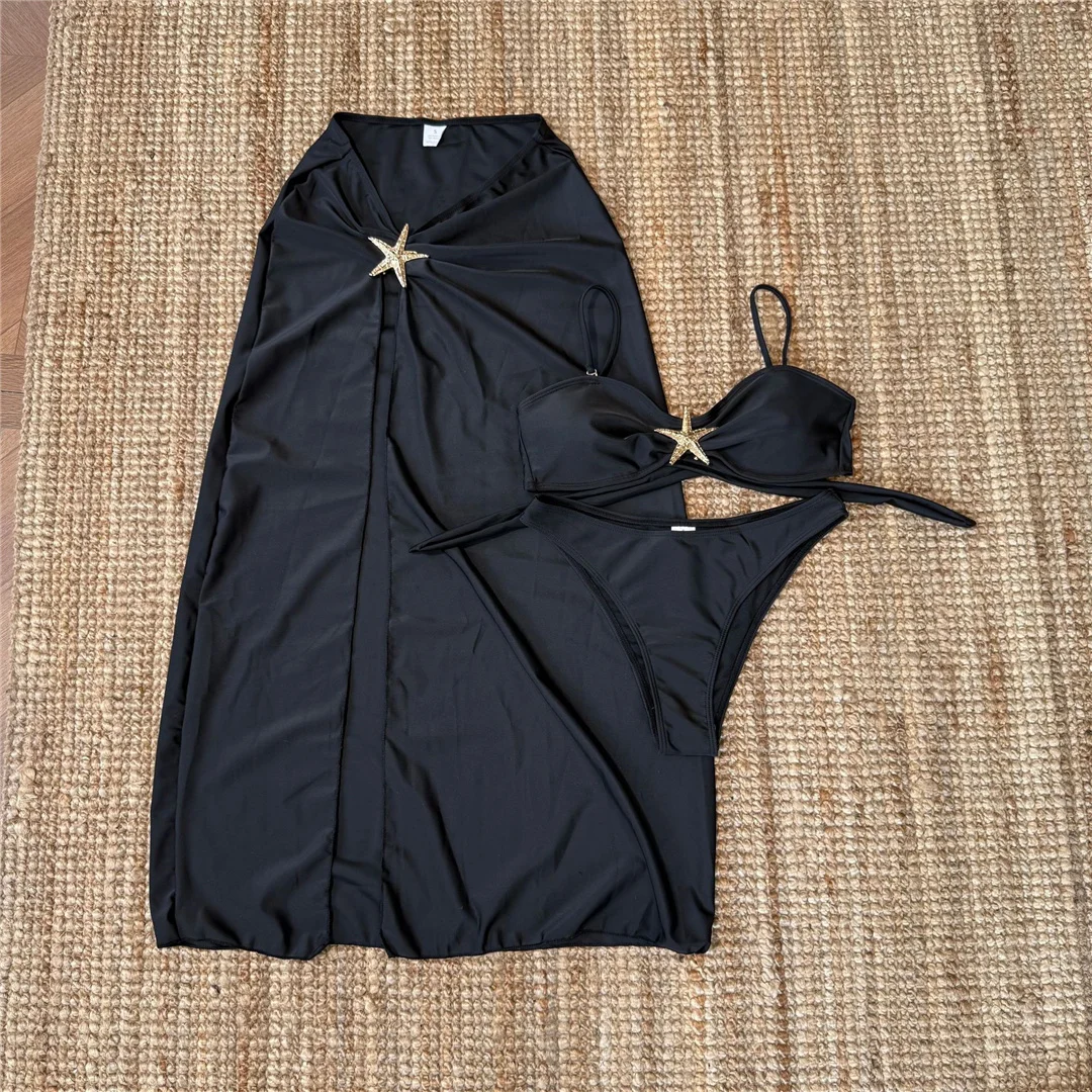 Metall-Stern-Bikini, Damen-Badeanzug, dreiteiliges Bikini-Set mit Rock, brasilianischer Badeanzug, Badebekleidung, Modell V7104C. – Detail 19
