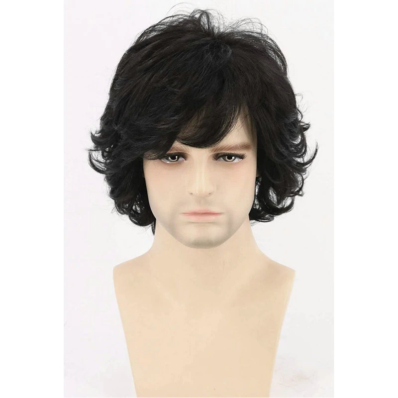 

European and American men's curly , side-swept bangs, short hair , dark brown black fluffy wig