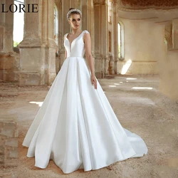 LORIE Elegant Ivory Satin Wedding Dresses V-Neck Lace Appliques A-Line Pleated Bride Prom Gown Backless Bridal Gowns Customized