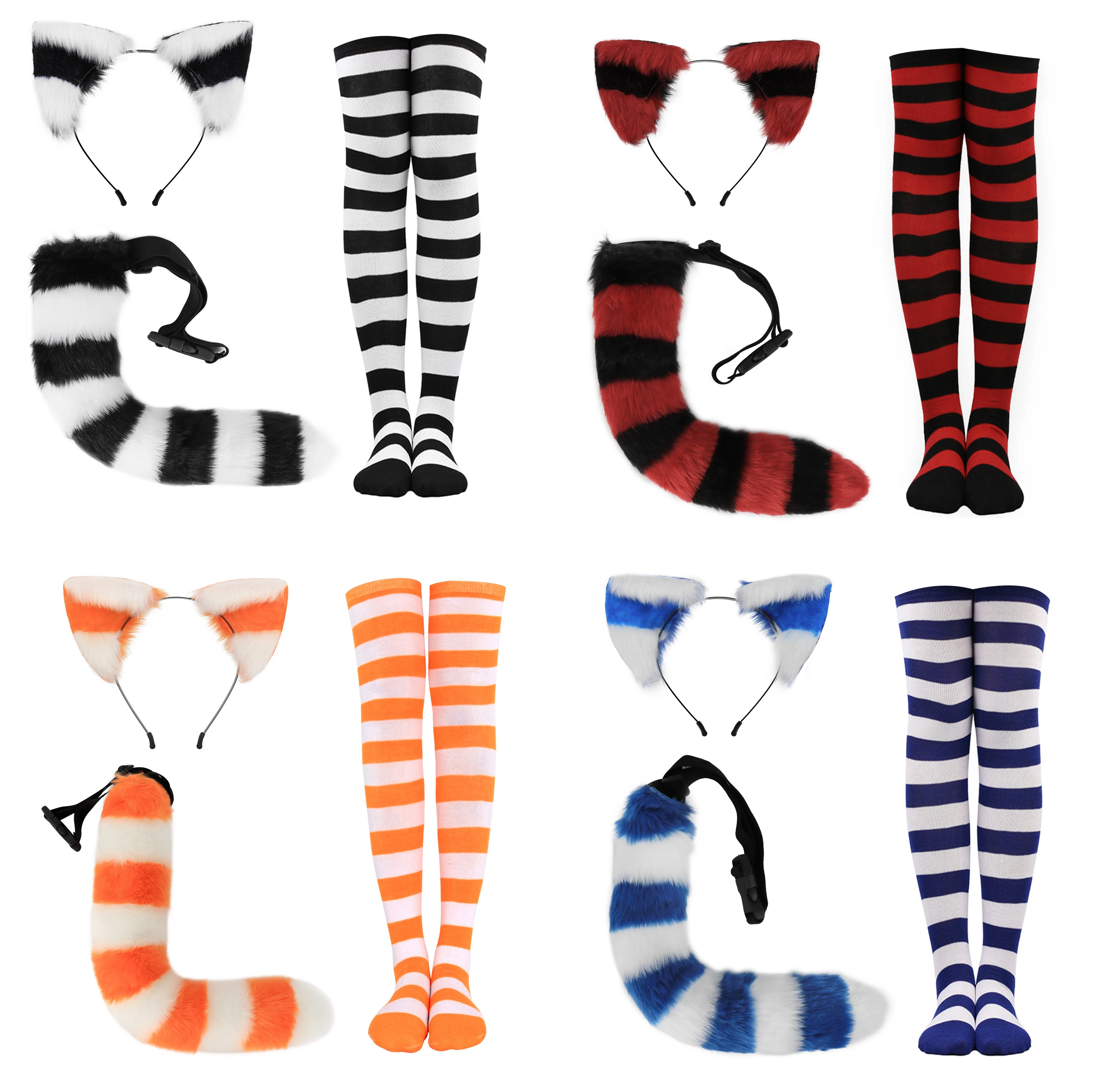 

Japanese-Style Striped Anime Long-Sleeved Sock Ear Tail Set Cute Cosplay Over-The-Knee Socks Halloween Party Props
