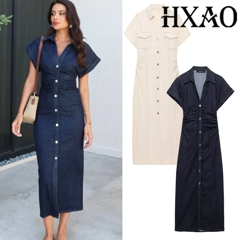 HXAO Blaues Jeanskleid, gerüscht, lange Kleider, kurze Ärmel, elegante Kleider, Damen-Sommer-Midikleid, Knopf, figurbetont, Freizeitkleider