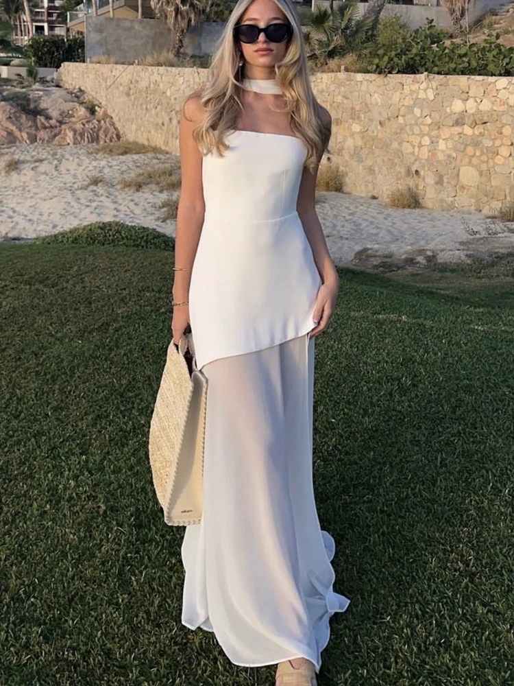 Fashion Elegant Solid Strapless Chiffon Maxi Women Evening Dress Halter Neck Party Gown Chic Vacation Sleeveless Long Dresses