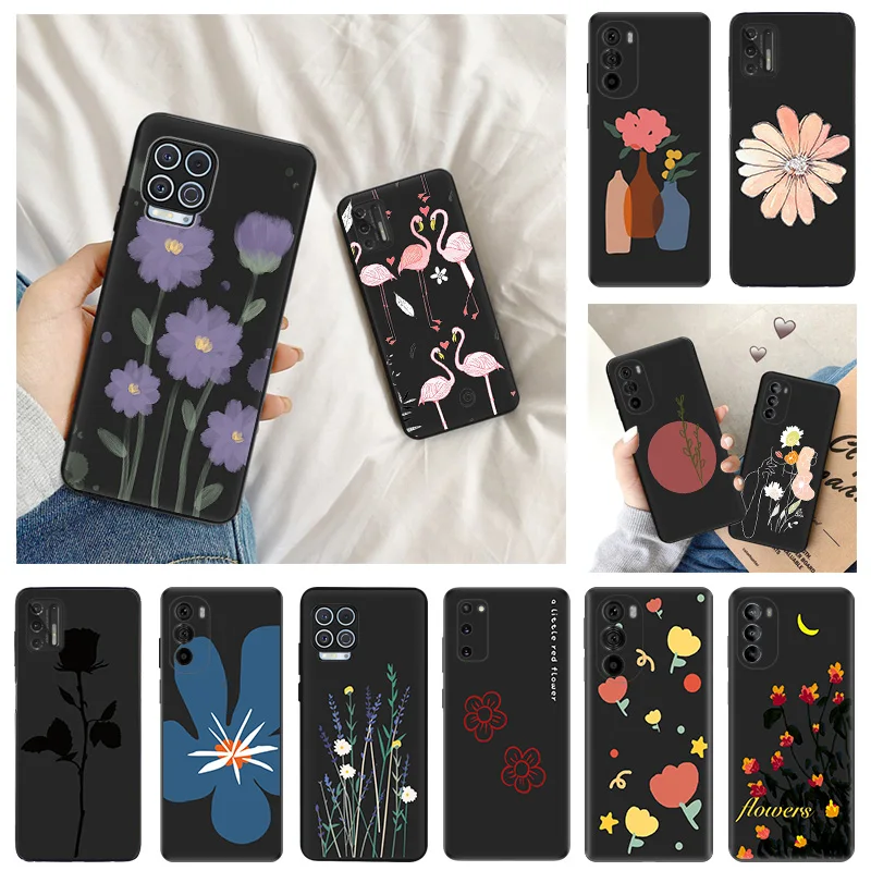 Ultra Thin Black Phone Case for Motorola G9 Edge 20 30 40 G50 G51 G60 G71 G22 G32 G52 G72 G53 Flower Rose Grass Flamingo Cover