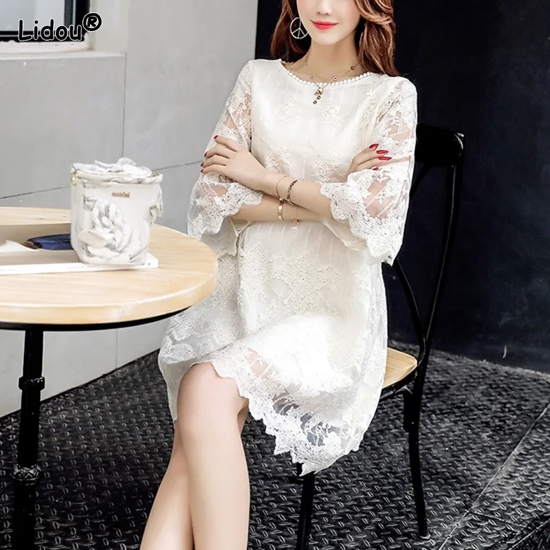 

Fairycore Flare Sleeve Hollow Out Knee-length Dresses O-Neck Spring Summer Women's Clothing Loose Waist Solid Pullover Brocade