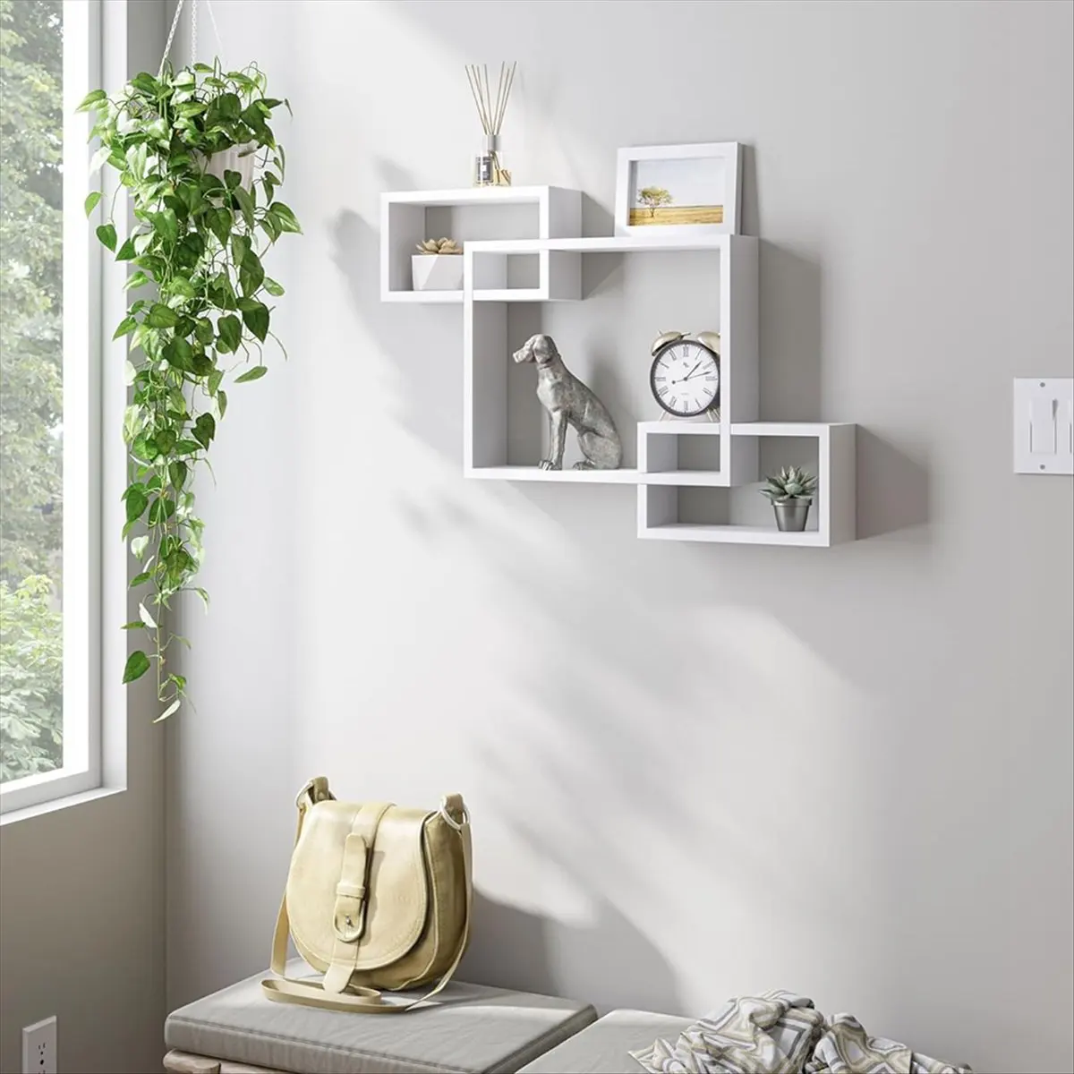 【~ New DT93】Cubic Floating Shelf Interlocking Decorative Wall Frame, Geometric Frame of Living Room, Bedroom and Bathroom, A