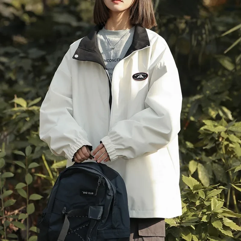 

Reversible Jackets Women American Style Contrasting Color Loose Casual Stand Collar Couple All-match Autumn Coats Student Sporty