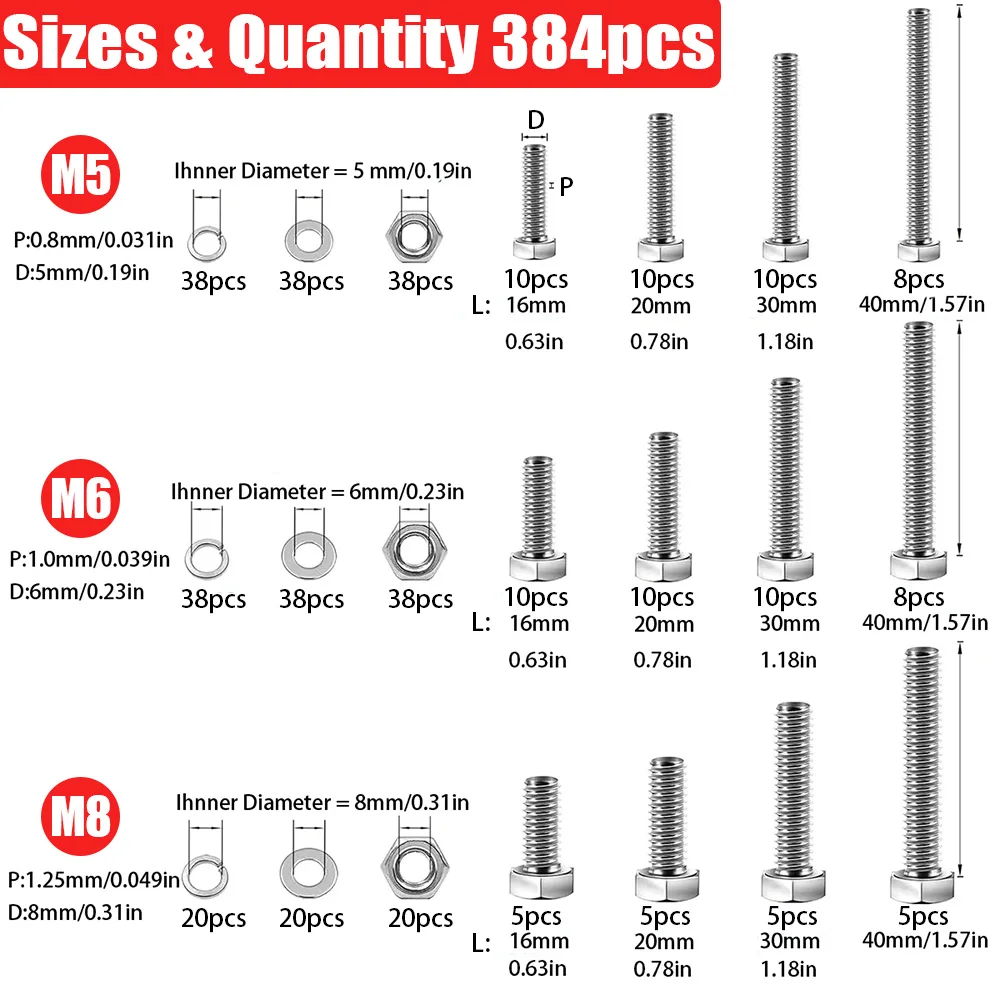 384-Piece Stainless Steel Hex Bolt and Nut Set, M5, M6, M8, Lengths 16mm, 20mm, 30mm, 40mm