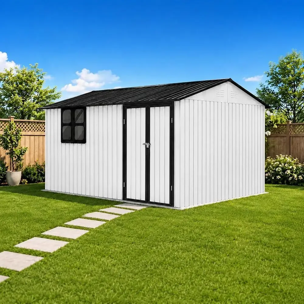 10x12 Outdoor Metal Storage Shed with Window, Door, Worktable & 2 Shelves, Weatherproof Garden Shed in White & Black