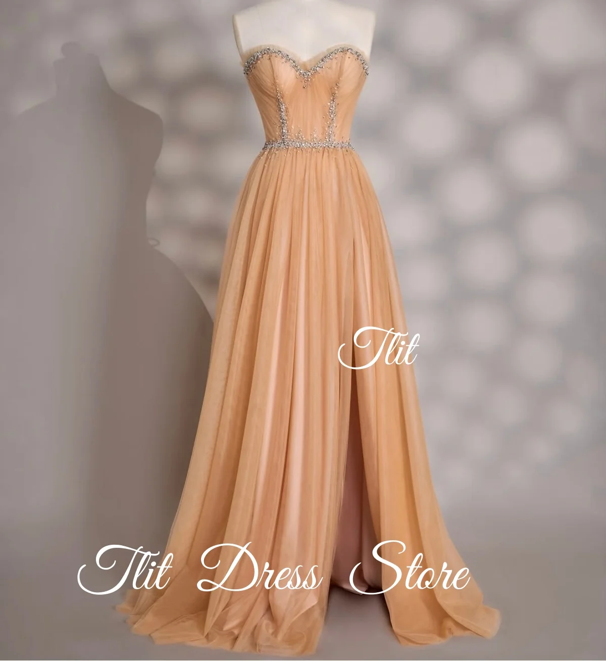 فساتين سهرة أنيقة من TLIT من التول الشامبانيا على شكل قلب فساتين حفلات كريستالية بفتحة جانبية عالية مخصصة فيستدوس دي فييستا