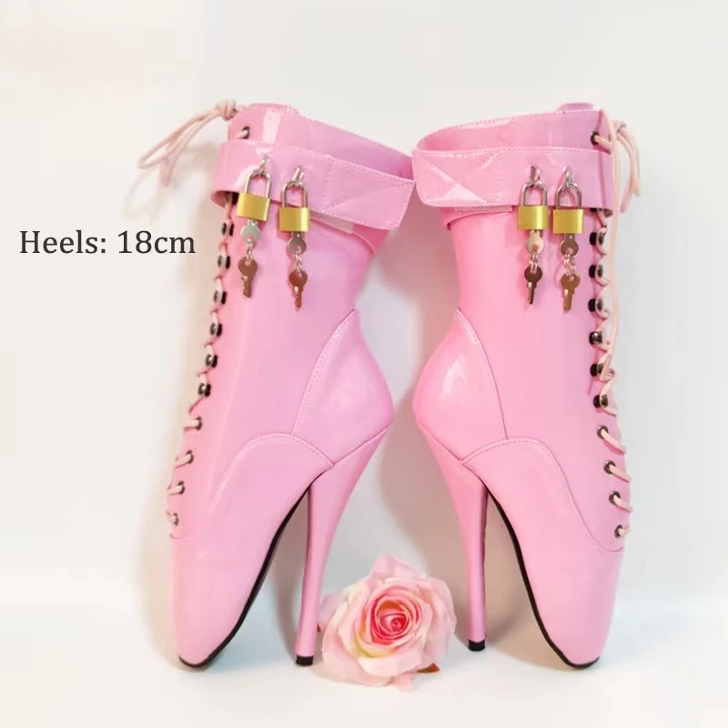 CACA 18CM Goble High Heels Women Fetish Ballet Boots,Men Cosplay Pole Dance Shoes,Locks Strap Ankle Botas Black,Pink,Dropship