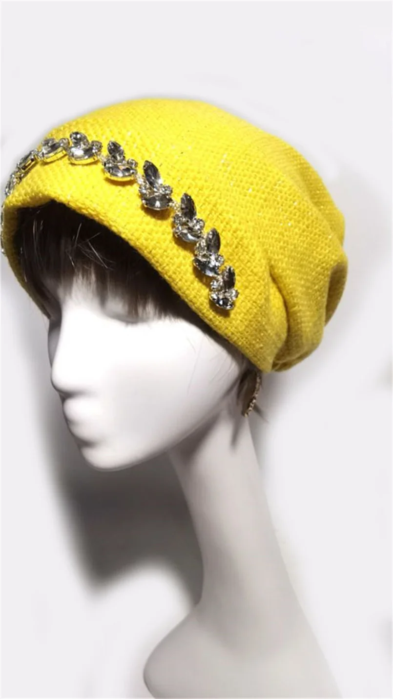 

Yellow Winter Womens Hats Girls Bonnet Bohemia Caps Vintage Headpiece Medieval Maid Hat Beanie artificial diamond decoration