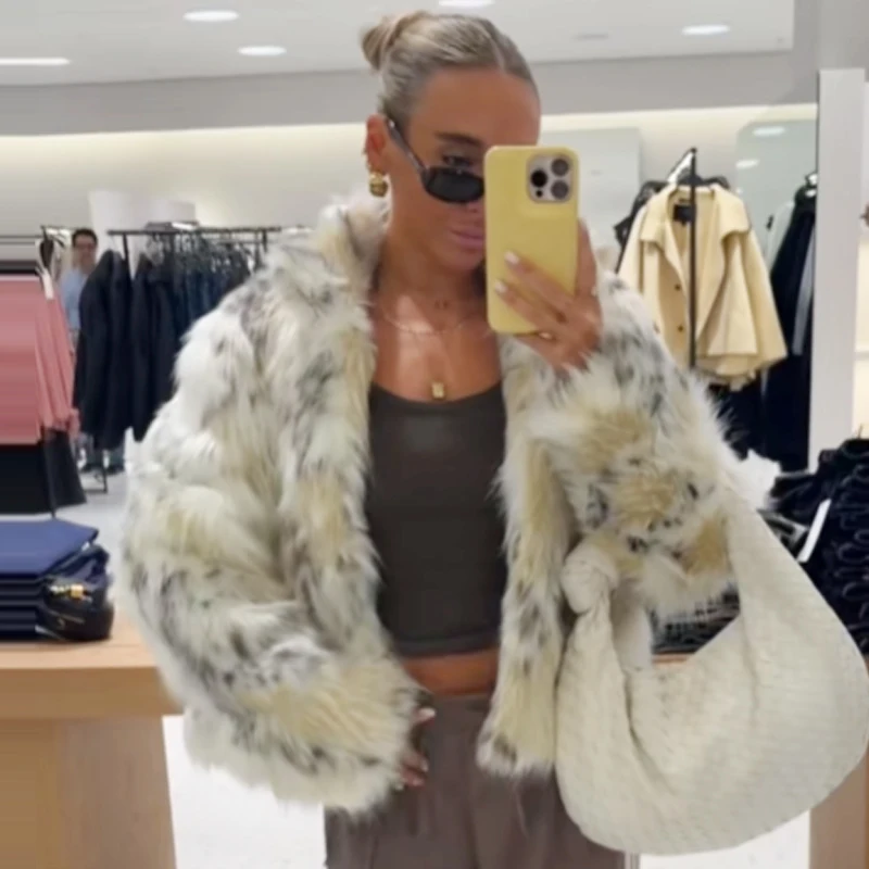 HXAO 2025 ليوبارد رقيق سترة سترة نسائية أفخم فو الفراء معطف ديمي الموسم المحاصيل شعر ملابس خارجية محشوة كم طويل جاكيتات #4