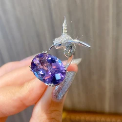 Foydjew Fashion Women's Silver Color Purple Crystal Amethyst Rings Animal Bird Hummingbirds Ring Wedding Boho Jewelry Gifts
