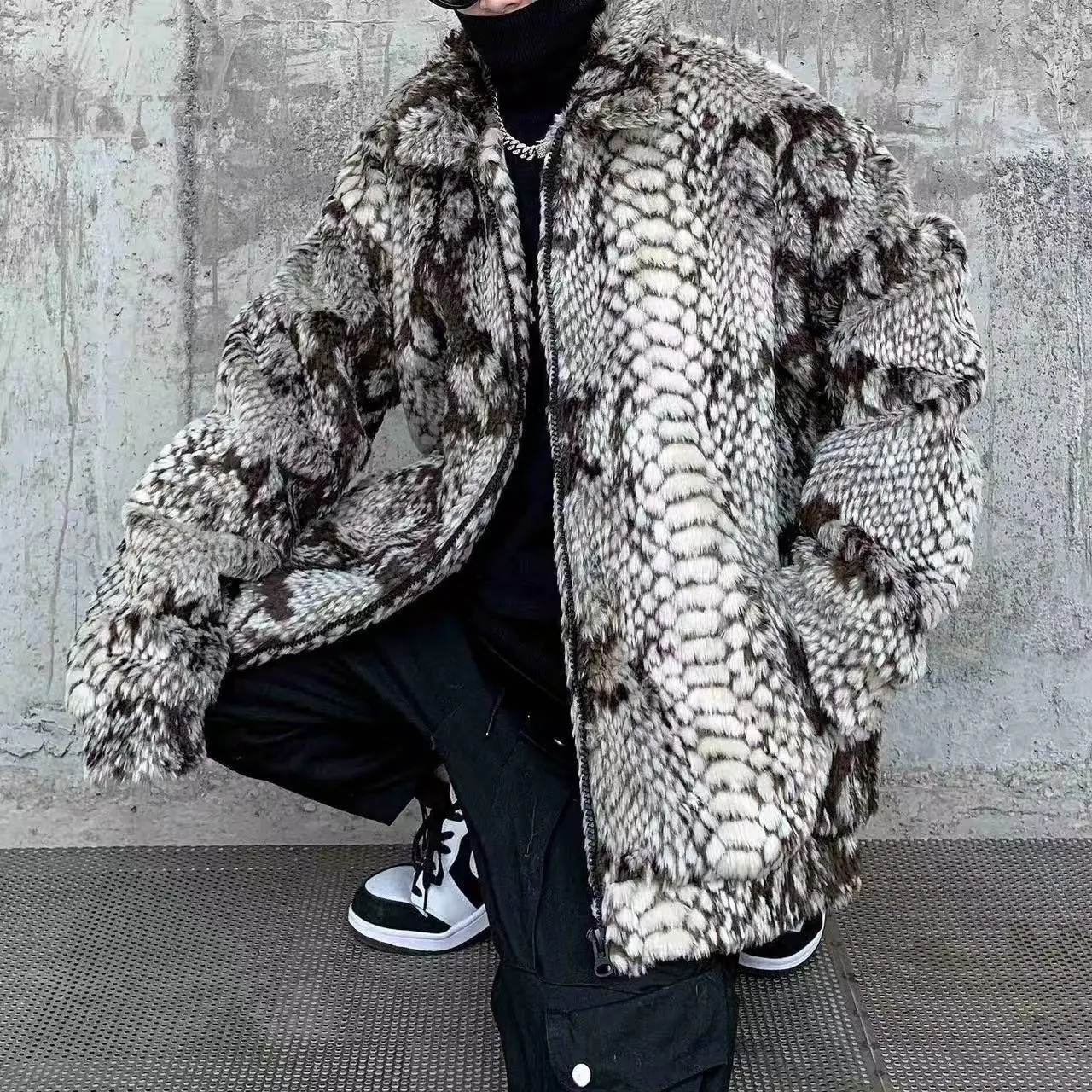 Trendy Cool Python Pattern Tops Men's Artificial Fur Thicken Coat Stylish Street Y2K Fashion Overcoat Loose Fit Male Overwear
