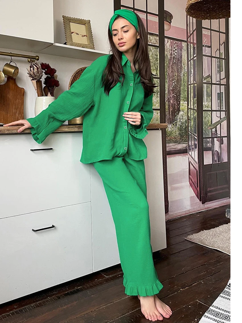 Marthaqiqi Cotton Winter Ladies Nightgowns Suit Long Sleeve Sleepwear Turn-Down Collar Nightwear Wide Leg Pants Femme Pajama Set