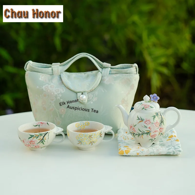 

Hand-painted Peach Blossoms Travel Tea Set Kit Creative 1 Pot 2 Cups Tea Brewing Organizer Portable Camping Stock Bags for Tea