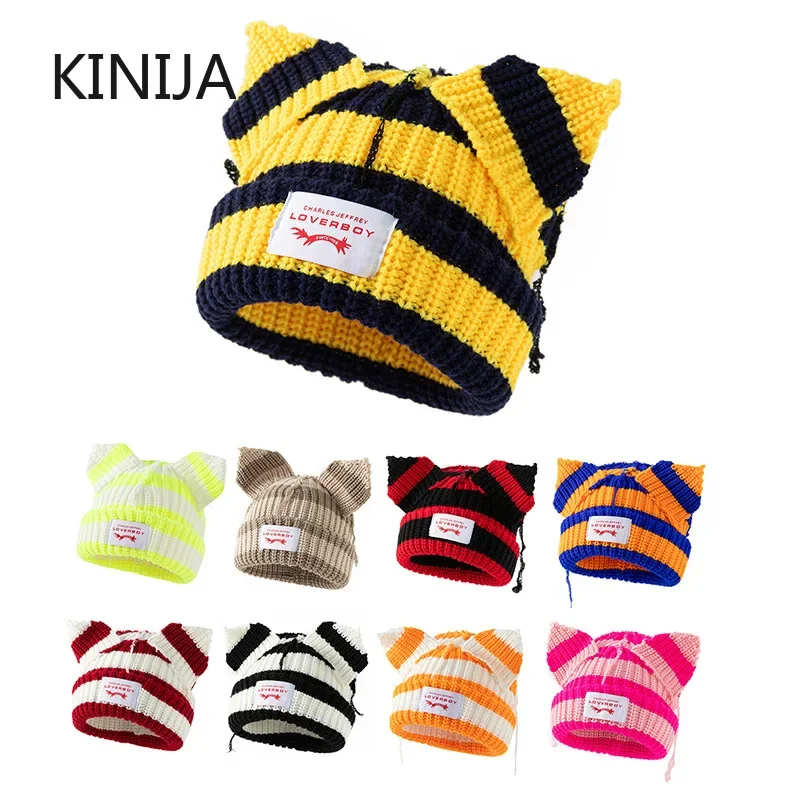 Winter Skullies Hat Unisex Cat Ear Hat Warm Crochet Knitted Cap Costume Beanie Cold Hat Women Christmas Gift Hip-hop Cap