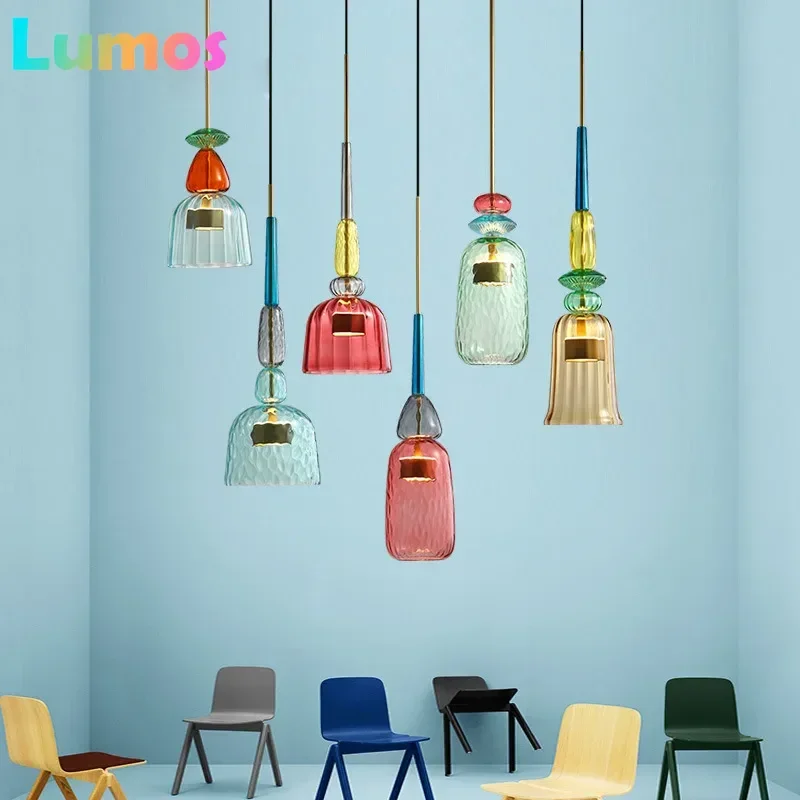Colorful Glass LED Pendant Lights for Dining Room Kitchen Table Hanging Chandeliers Suspension Restaurant Bar Decor