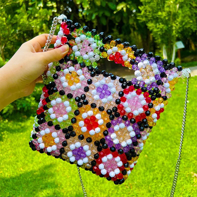 

New Colorful Handmade Beading Women's Handbag Fashion Floral Design Plaid Color Block Shoulder Crossbody Bags For Travel Holiday