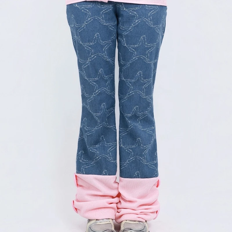 Original Design Y2K Retro Splicing Color Star Pattern Women's Long Pants Autumn Winter New Loose Versatile Flared Jeans Ladies
