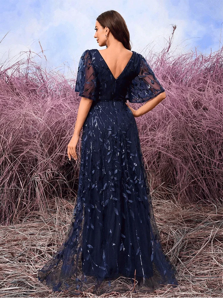 Short-Sleeved Navy Blue Leaf Beaded Embroidery Shiny Floor-Length Evening Dress Short-Sleeved Bridesmaid Luxury Prom Gown