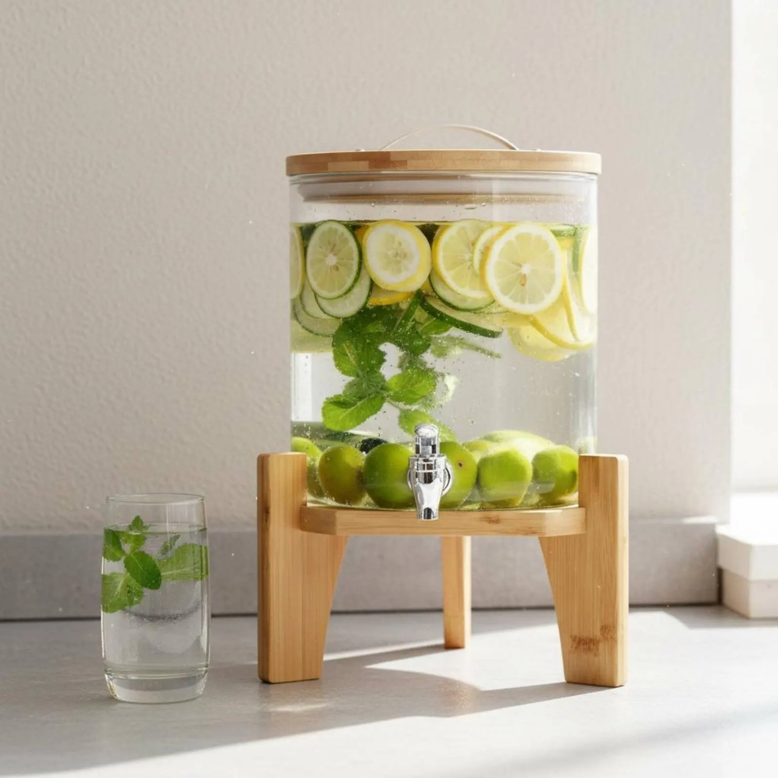 

Стеклянный диспенсер для напитков с краном, широким горлышком, для самостоятельного розлива, легко используемый гостями, удобный в обращении, емкость для напитков