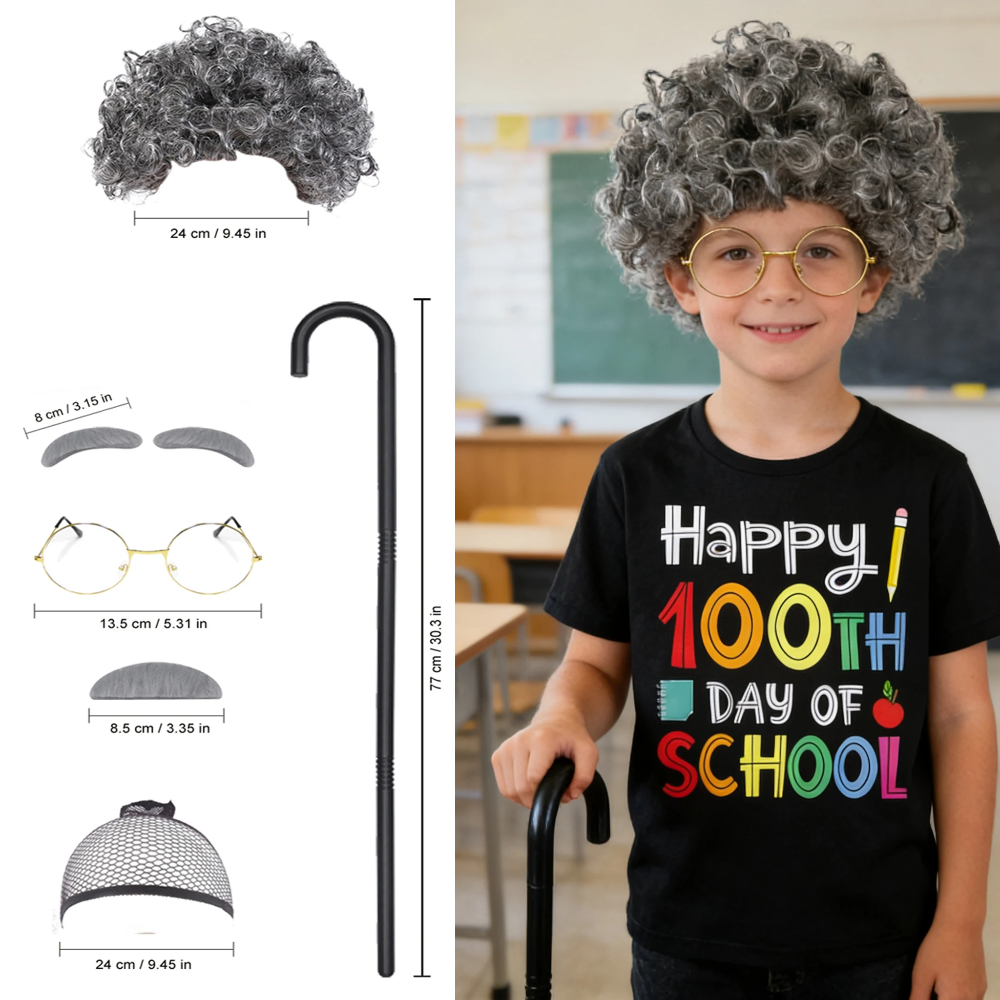 100 Days Of School Old Man Costume and Accessories for Kids Boys Dress up Grandpa Hat Glasses,Old Person Mustache