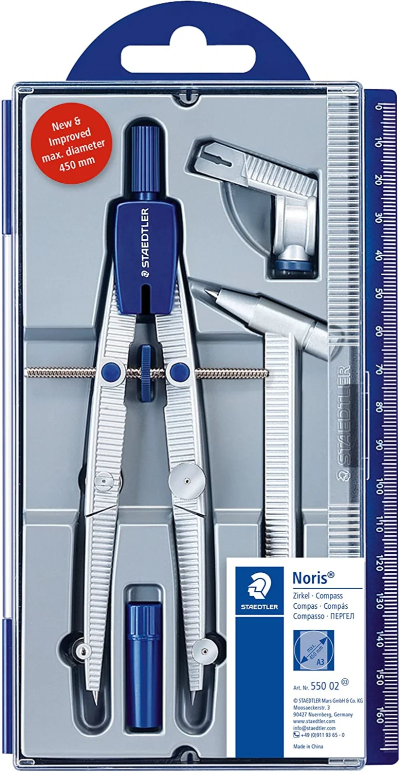 

STAEDTLER 550 02 Noris School Metal Compass with Centre Wheel Set, Extension Bar,Universal Adapter and Lead Box Drawing Tool