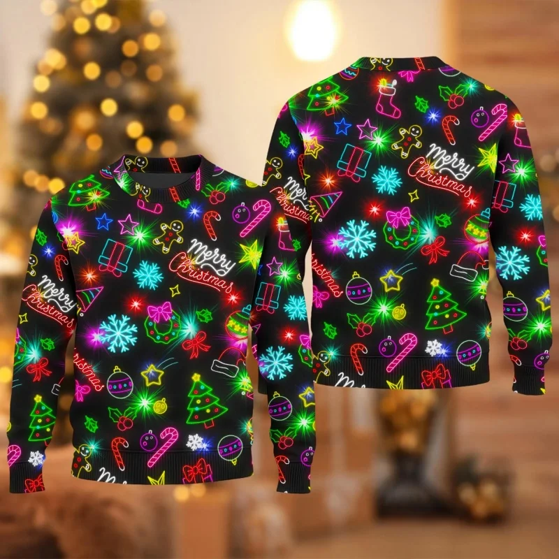نيون ثلج نمط بلوزات للرجال شجرة عيد الميلاد ثلاثية الأبعاد مطبوعة البلوز مهرجان حفلة هوديس طويلة الأكمام الجولة الرقبة القمم