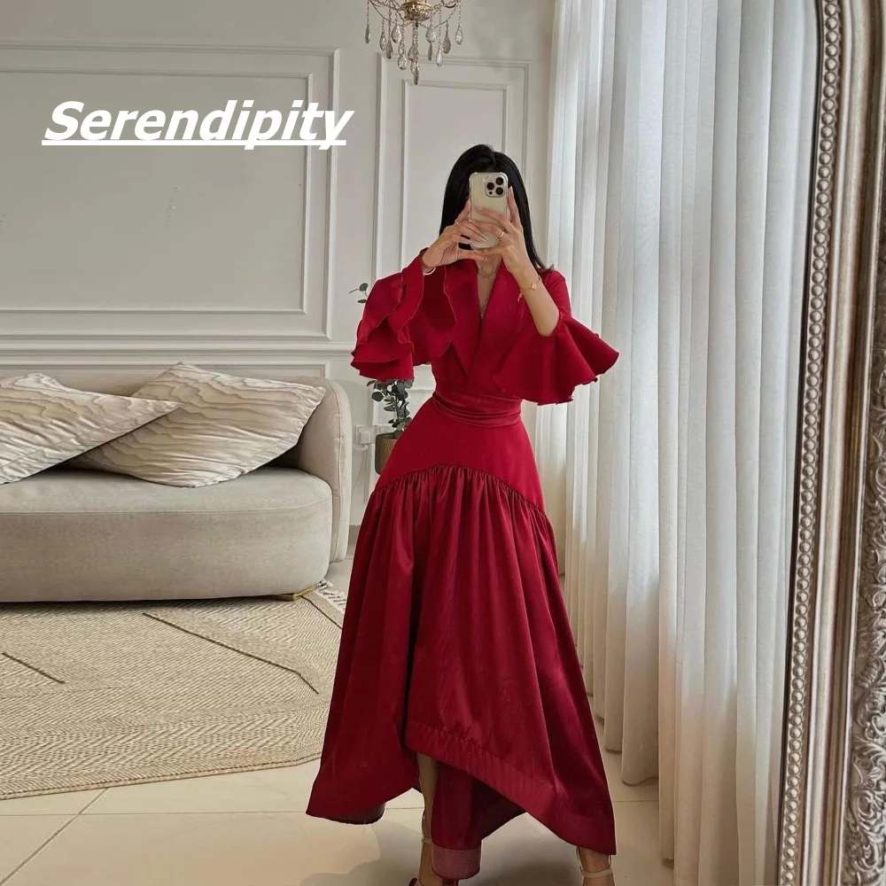 Serendipity فساتين سهره سعوديه V-Neck فساتين مناسبة رسمية Long Sleeves Evening Dress Elegant Pleat Prom Gown For Sexy Women 2024