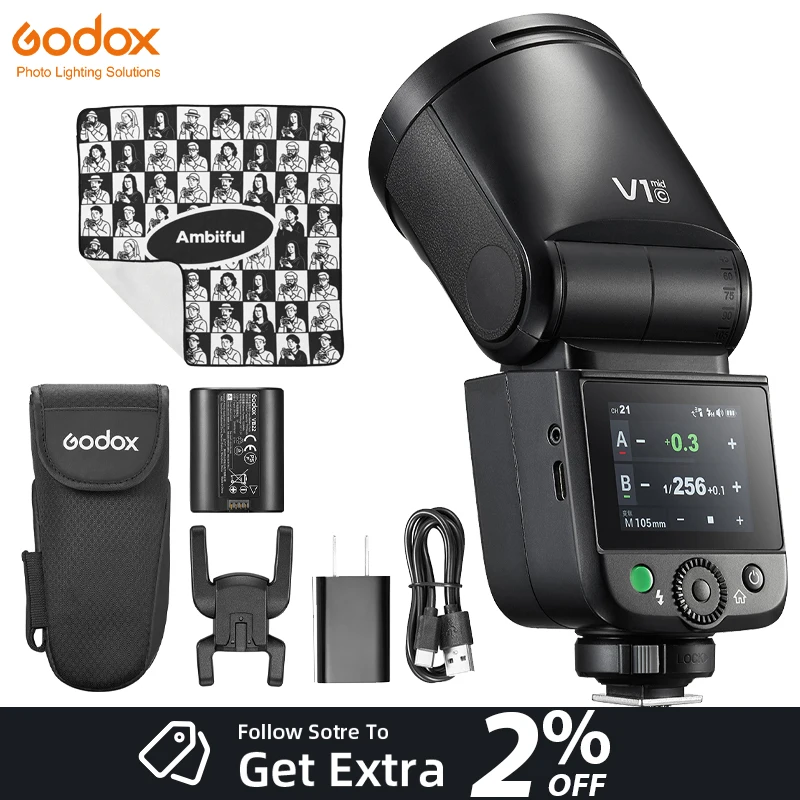 

Набор вспышек GODOX V1mid Speedlite с высокоскоростной синхронизацией TTL, беспроводным управлением, сенсорным экраном, литий-ионным аккумулятором и круглой головкой для камер C/S/N/F/O.