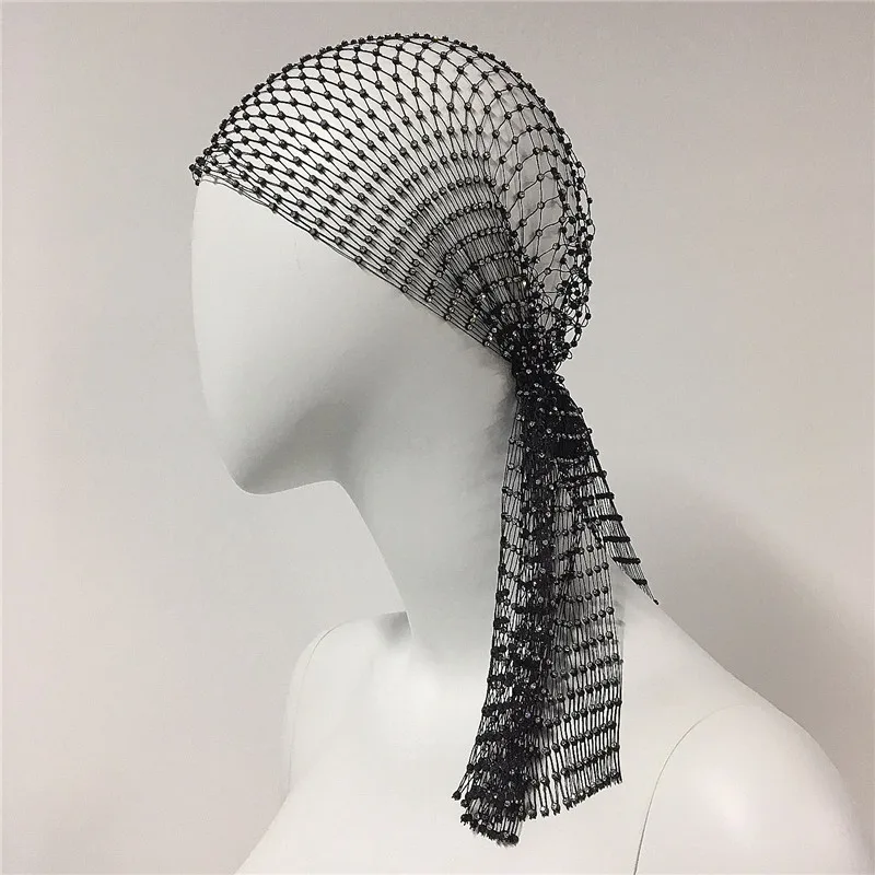 Moda damska głowa ze strasem szalik Turban Crystal kabaretki czapka z daszkiem Bling opaski włosy Snood Nets Carnival Veil dla kobiet