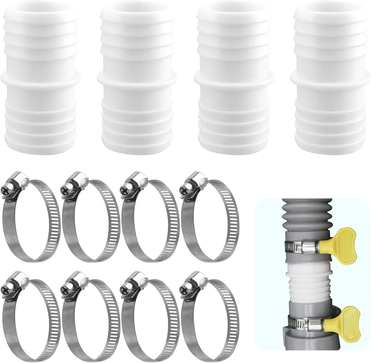 4pcs Hose Connector with 8pcs 38mm Hose Clamps Sets Swimming Pool Nozzle Hose Connector Adapter for Pool Garden and Aquarium