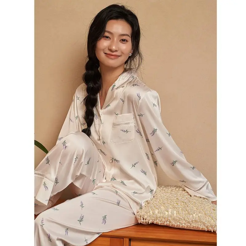 Summer Ice Silk Sleepwear Women Pajama Sets Long Sleeve Pants Loungewear Sets Luxury Lavender Print Spring Autumn Home Clothes