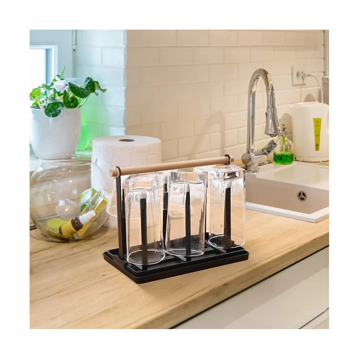 Tempat botol, botol pengering piring, 6 dudukan botol, tempat cangkir logam dengan nampan tetes dan pengering botol untuk botol dan cangkir