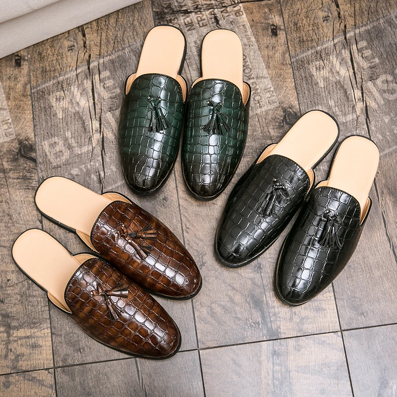 Trend Summer Men's Half Slippers Tassel Leather Shoes Male Casual Mules Moccasins Breathable Open-back Loafers Zapatos Hombre