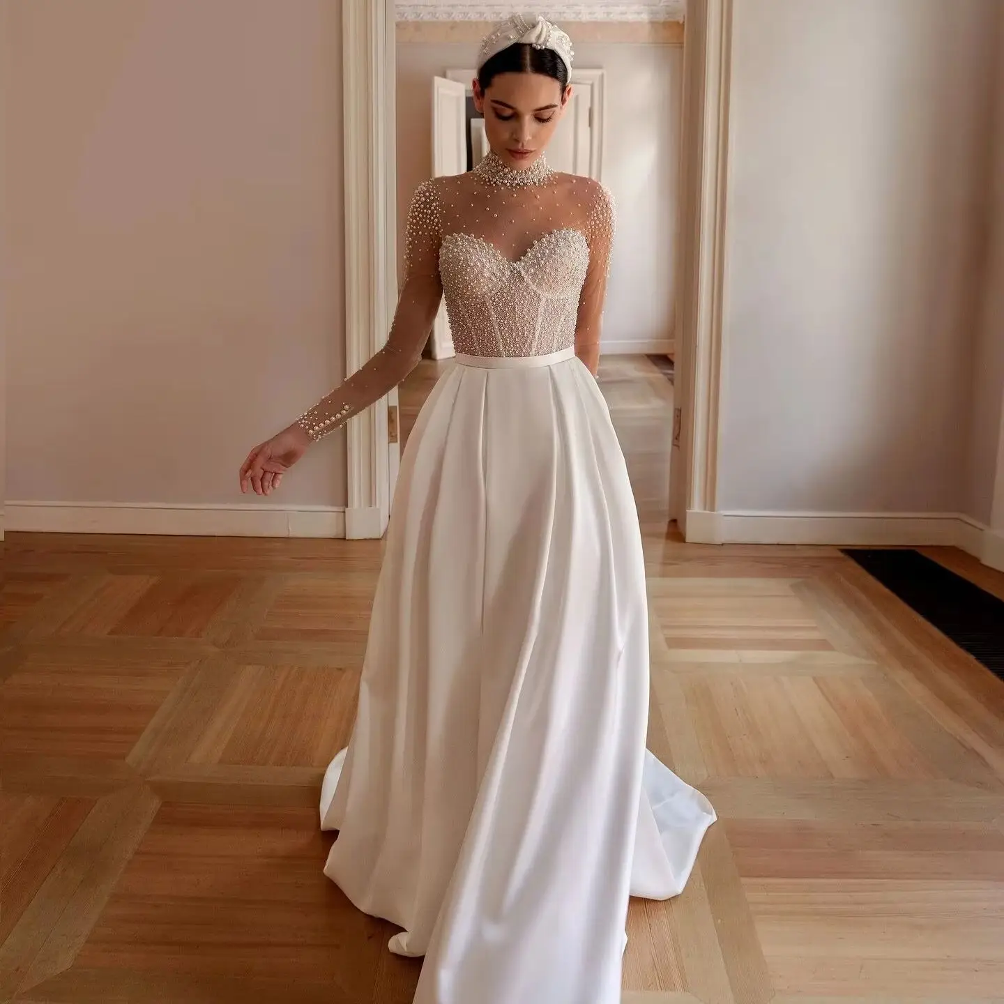 

Exquisite A-Line Wedding Dresses Shiny Pearl High Neck Long Sleeve Beading Bridal Gown Sweep Train Vestido De Noiva Customized