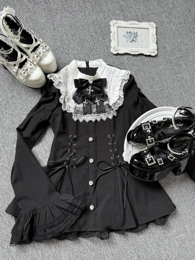 

Gothic Vintage Slim Patchwork Dress Set Women High Street Lace Skinny Long Sleeve Dresses Short Pants France Hot Girl Retro Suit